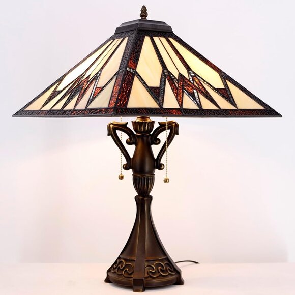 Tiffany Style Table Lamp Stained Glass Cream Amber Square Geometric Mission - Picture 3 of 6